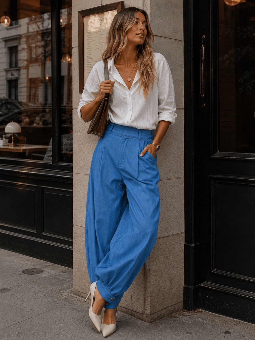 B23. High-Waist Relaxed Pants in Bright Blue